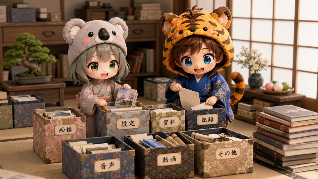 挿絵⑥・和柄の小箱に荷物を丁寧に仕分けしている心愛と大雅。箱には「画像」「設定」などのラベル。