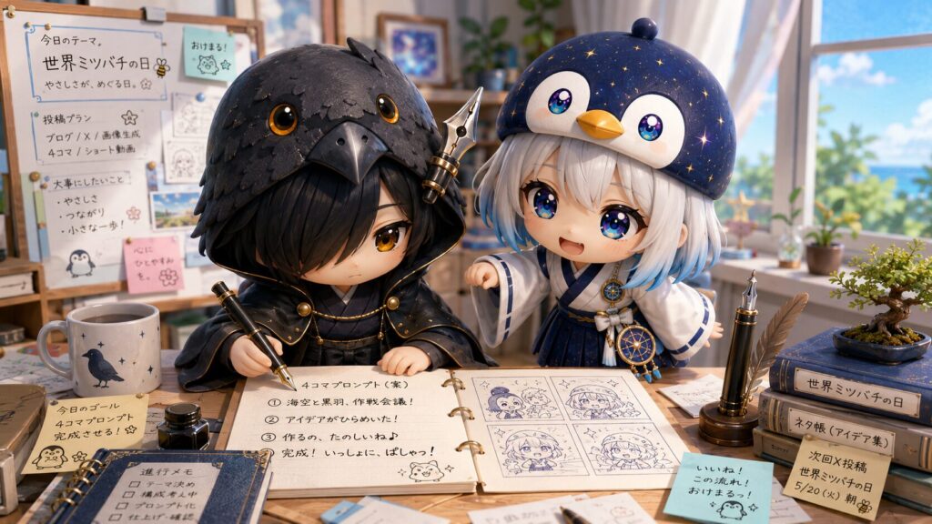 挿絵①・黒羽がリベシティ投稿用の4コマ画像プロンプトをメモに書き起こしている場面。海空が横からのぞき込んで「これ可愛いですっ!」と目をキラキラさせている。
