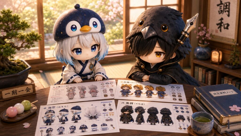 挿絵⑥・夕方の柔らかい光の中、海空と黒羽が三面図の資料を並べてながめている場面。テーブルの上に4キャラの資料が広がっている。海空が自分の設定資料をじっと見つめていて、黒羽がとなりで静かに待っている。