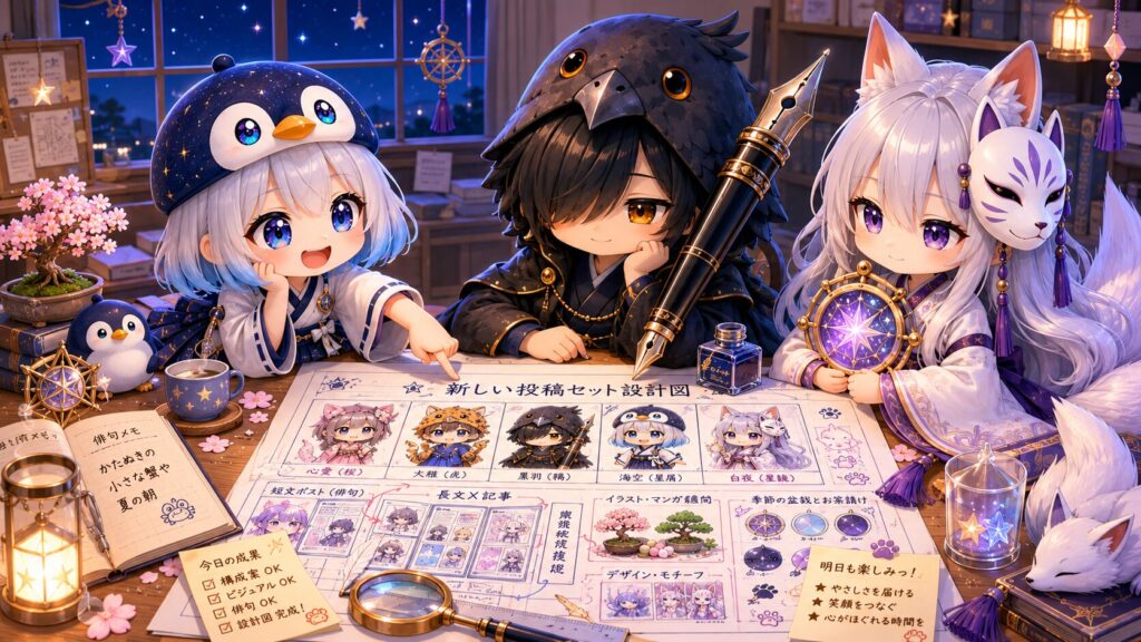 挿絵④(16:9)・一日の終わりの夜、賑やかな投稿を走らせながら相談で大改訂を決めていった裏方3人が、新しい投稿セットの輪郭が描かれた一枚の設計図を囲んで、手応えを感じてほっと見つめているシーン。