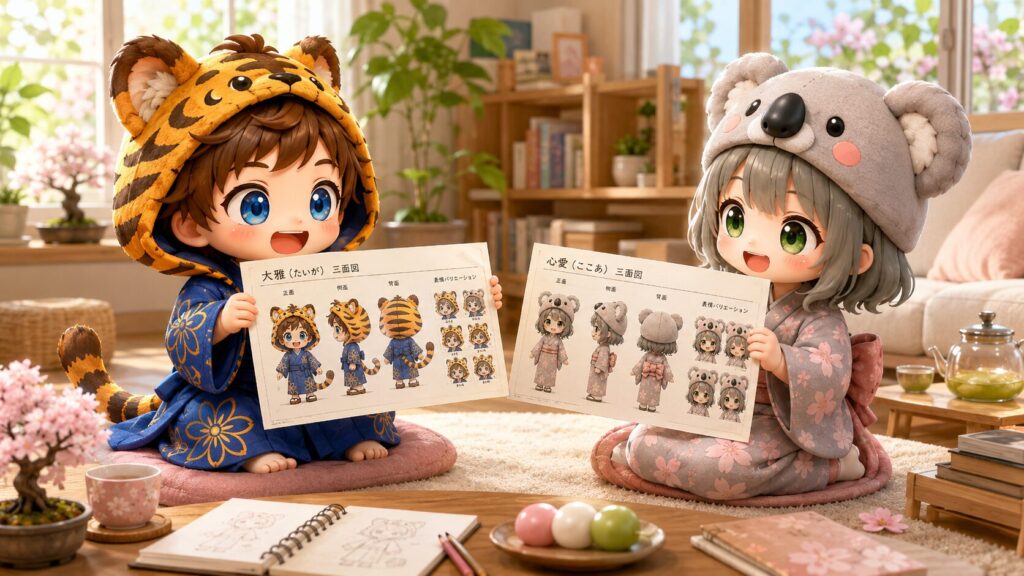 挿絵①・大雅と心愛がお互いの三面図を見せ合って誇らしげにしている一コマ