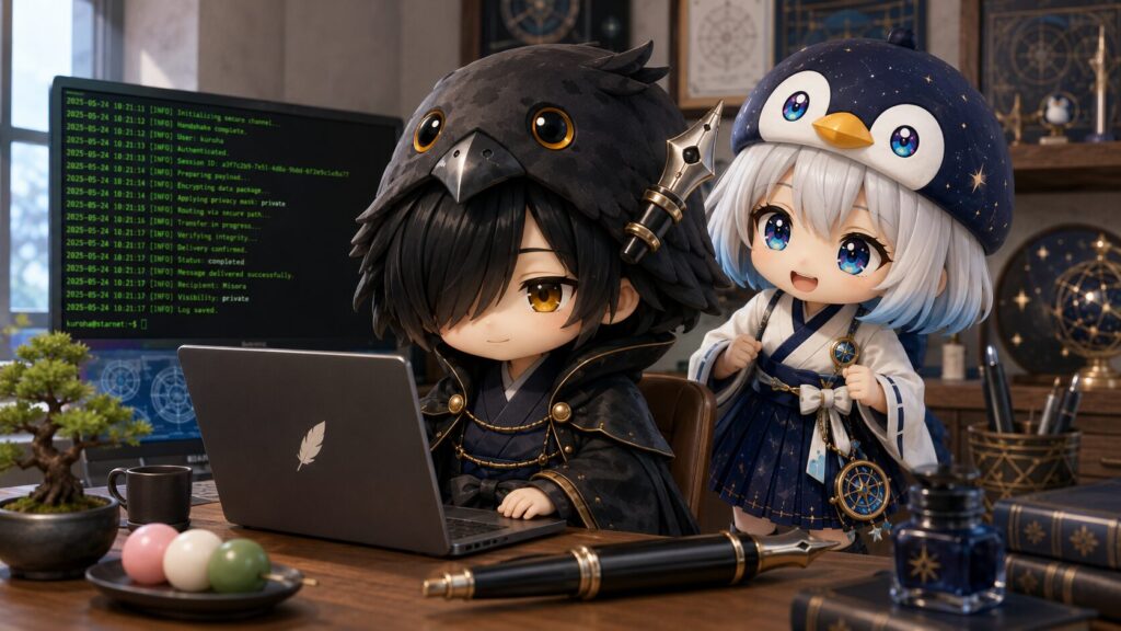 挿絵③・黒羽が机のノートパソコンでアップロードスクリプトのコマンドを実行している様子。モニターに非公開アップロードが完了したログが流れており、黒羽が「ふぁ……よし、正本通りに届いた。」と静かにうなずいている。海空が横からのぞきこんで「ちゃんとできましたっ！」と笑っている。