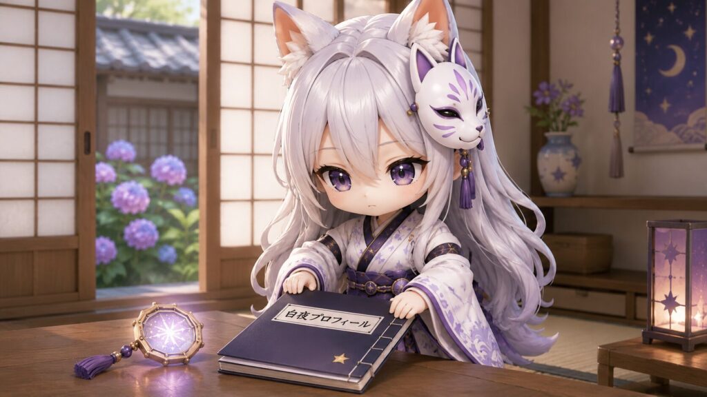 挿絵②・白夜がプロフィールファイルを静かに閉じているシーン。八角形の星鏡が手のひらで淡く光っている。