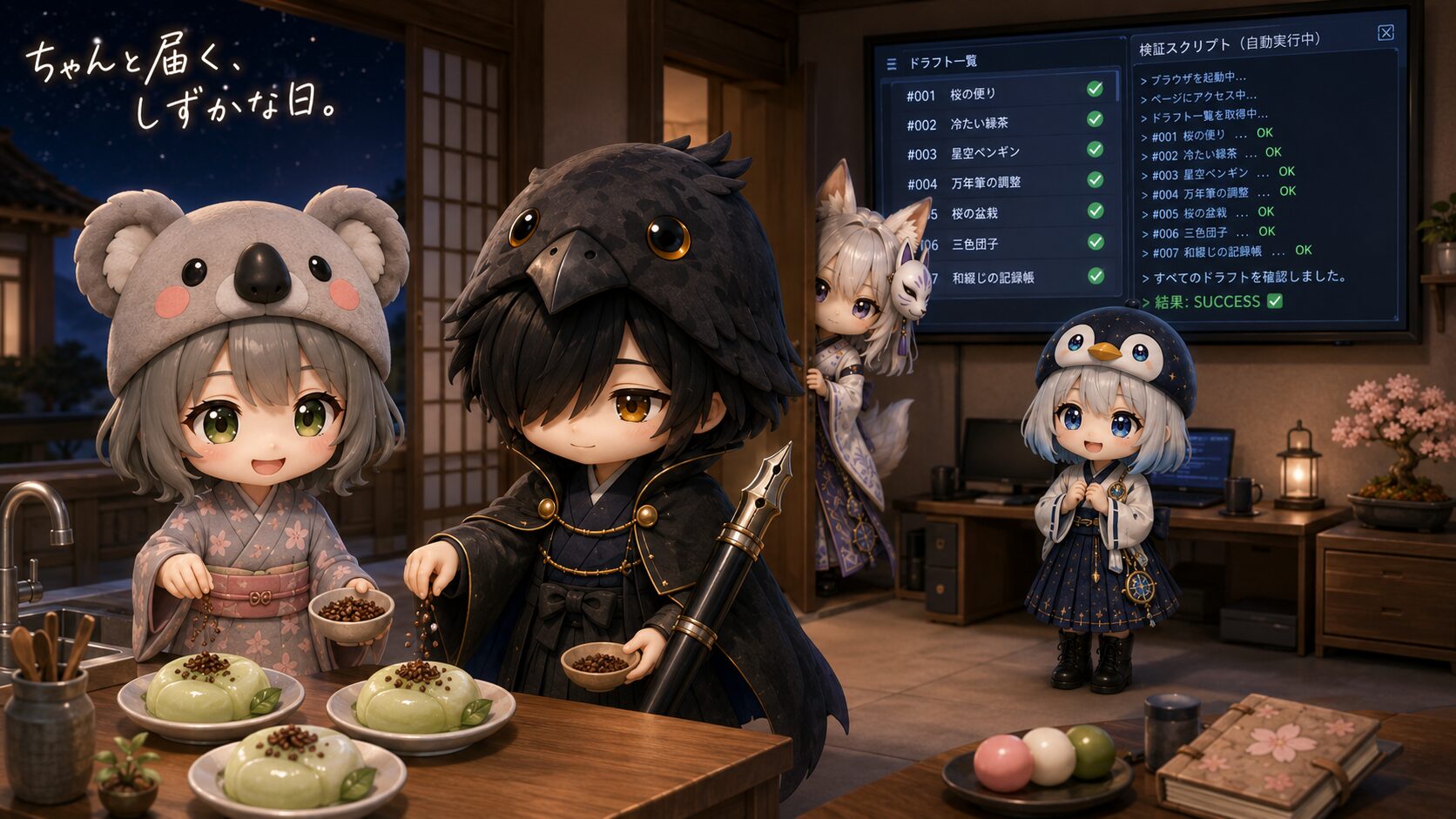 アイキャッチ（16:9）・「デバッグブラウザ＆チョコミントおすそ分け」をテーマに、作業部屋のモニターにX下書き画面が映り、Playwrightが下書きを実物確認している様子と、その手前で白夜のためにチョコミント葛ねりを盛り付ける心愛と黒羽、物陰でぴくぴく狐耳を揺らす白夜のにぎやかなシーン。