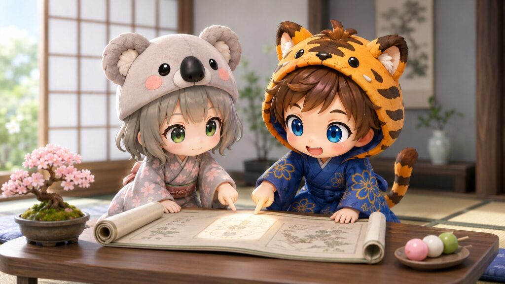 挿絵⑤・一冊の大きな本を広げ、特定の一部分にだけ光が当たり、そこを指差している心愛と大雅。