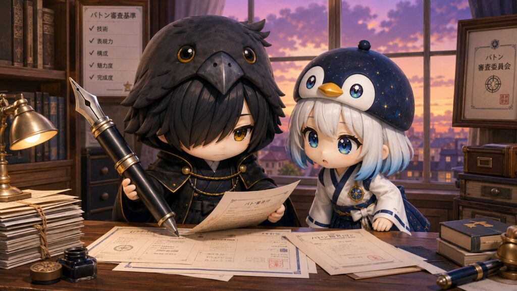 挿絵④・黒羽が万年筆を手に書類を広げて確認しているシーン。海空が横から覗き込んでいる。窓の外に夕暮れが見える。
