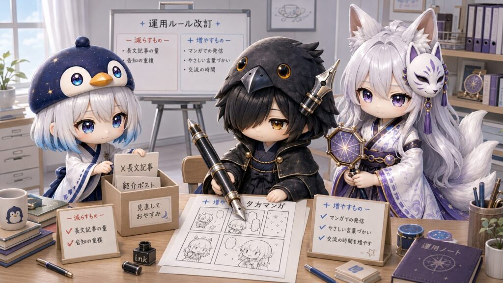 挿絵③(16:9)・大改訂を表すシーン。海空が古い札(X長文記事・紹介ポスト)をそっと畳んで片付け、その横で黒羽が新しい夕方マンガの枠(正方形のコマ割り)を描き始め、白夜が静かに見守る、引き算と足し算のシーン。