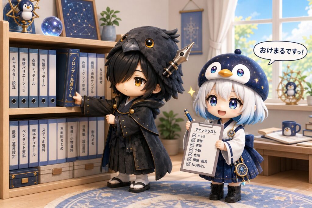 挿絵④・黒羽がルールドキュメントのファイルを棚に整えながら、海空がチェックリストを確認している場面。棚に「プロンプト共通ルール」と書かれたファイルが増えている。