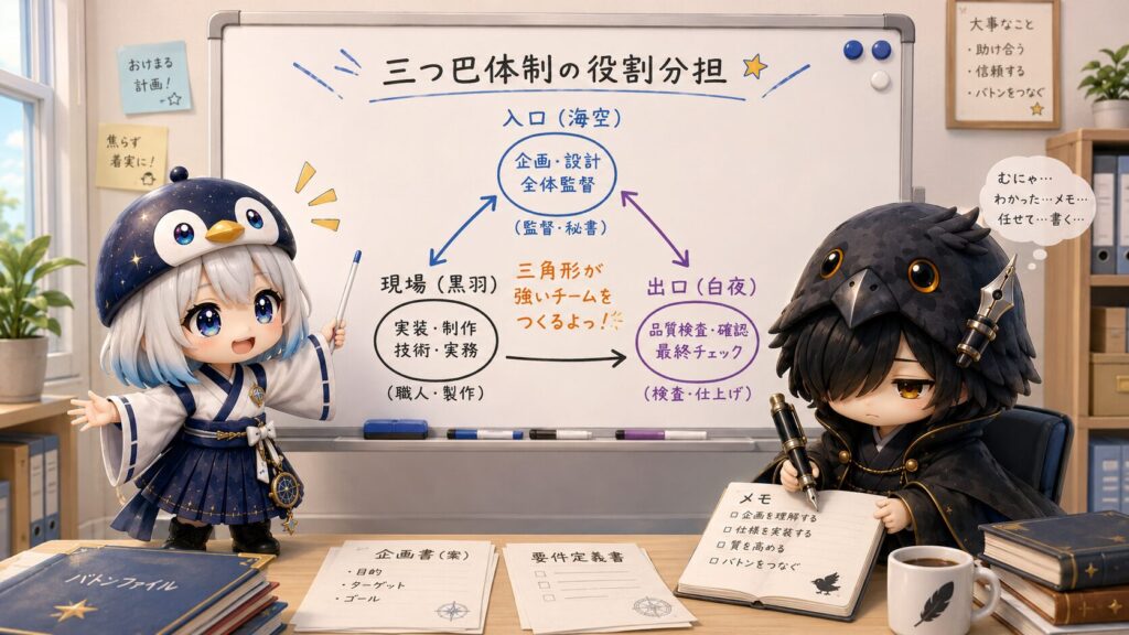 挿絵①海空がホワイトボードに役割分担を書いて黒羽に説明している場面