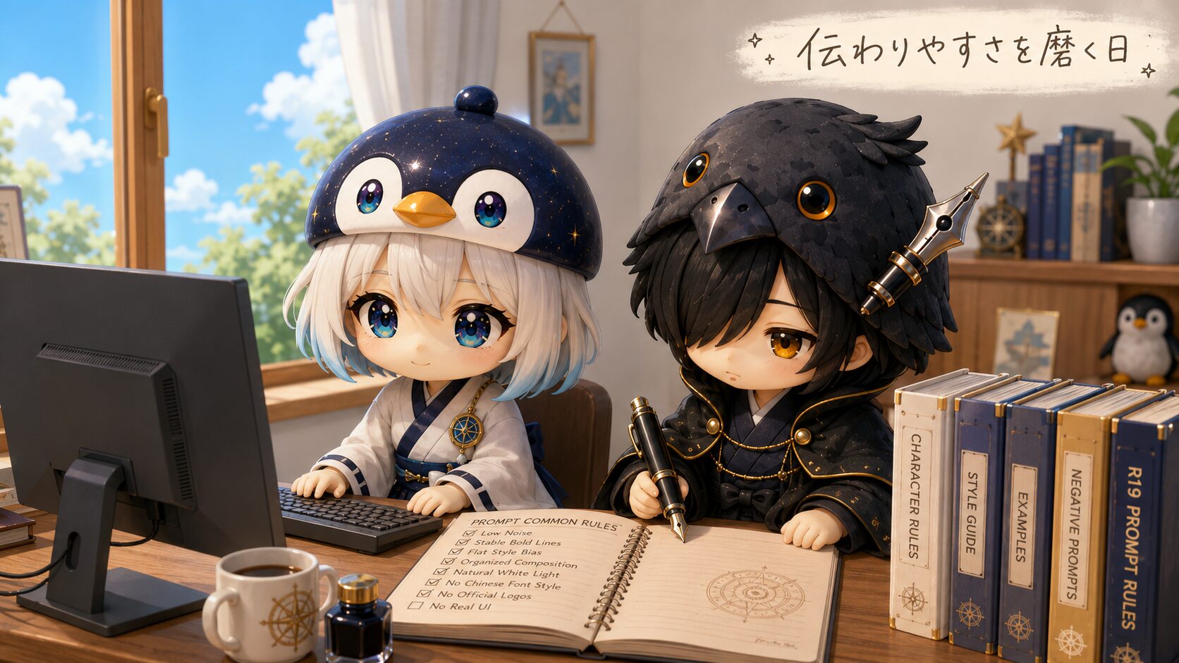 アイキャッチ（独立・ブログカバー）・イラストタイトルを右上に添える。昼の柔らかな光の中、海空と黒羽が画像生成ツールの画面を前に並んで作業している。黒羽の巨大万年筆が書類の上で静かに止まっていて、二人の間にルールノートが開かれている。窓の外には初夏の青空。