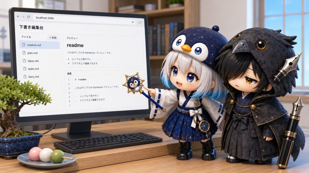 挿絵①（16:9）・作業部屋のブラウザにポート 3456 で立ち上がった「下書き編集台」のUI画面が映り、その前で海空と黒羽が「3456番、ちゃんと応えてくれてますねっ」とのぞきこんでいる、編集台起動のシーン。