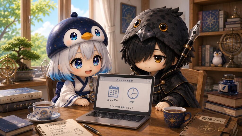 挿絵①・海空と黒羽が机を囲んで、ノートPCの画面を一緒に覗き込んでいるシーン。画面にカレンダーと時計のアイコン。ふたりとも穏やかな表情。