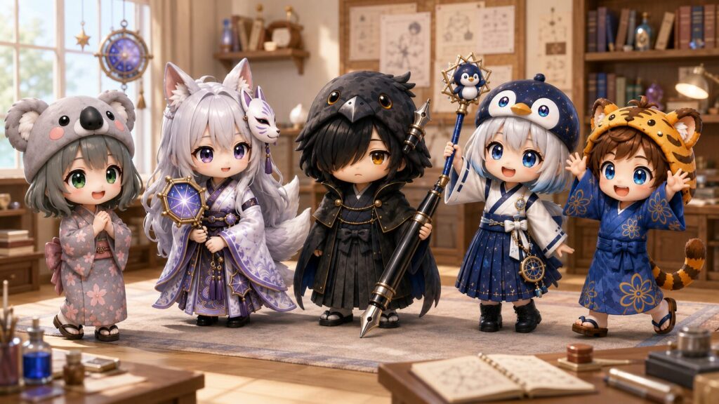 挿絵③(16:9)・3D完全統一が決まり、新しい立体の姿になった5人がうれしそうに見合って喜んでいるシーン。