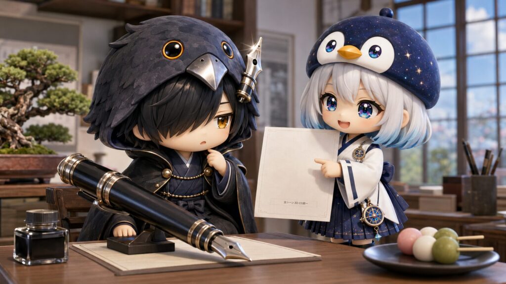 挿絵④・黒羽が机の前で自分の万年筆を眺めながら「ふぁ……プロンプトに、ちゃんと書いておかないとね。」と静かに話している。フードの端にある金属製のペン先飾りがきらりと光り、横で海空が「3D統一、決まりましたっ！」とにこにこしている。