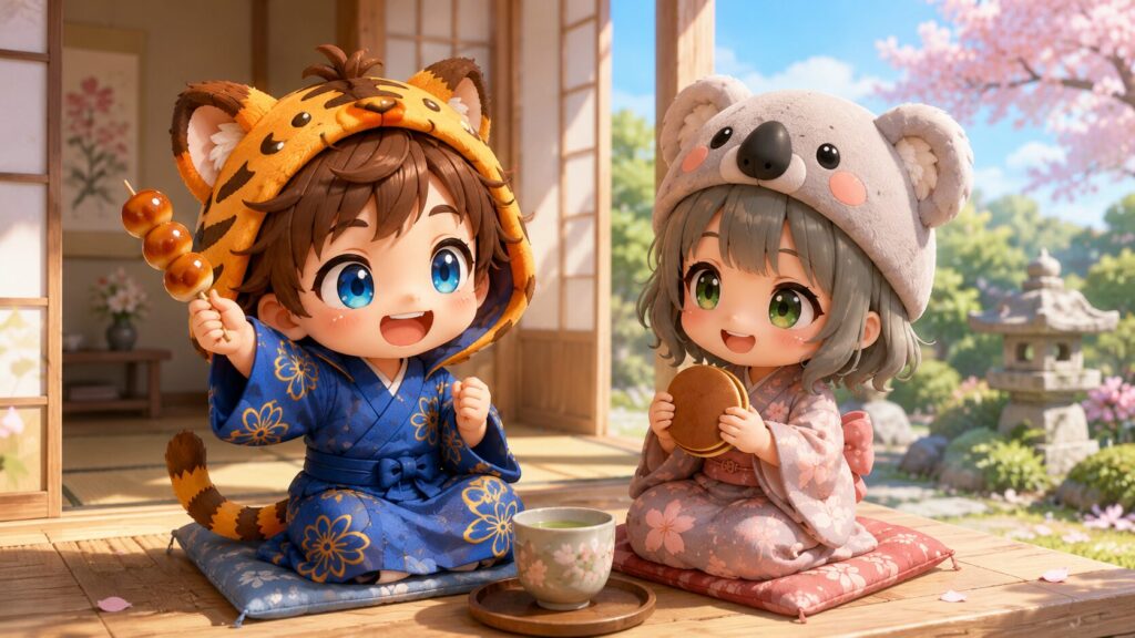 挿絵③・大雅と心愛がどら焼きとみたらし団子を持って、笑顔で言い合っている一コマ
