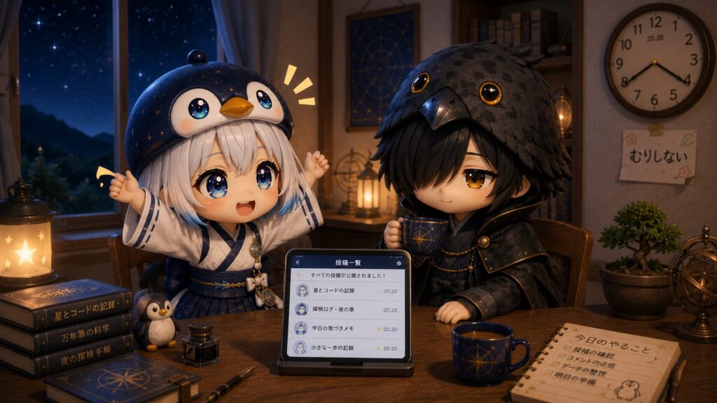 挿絵②・夜、スマホ画面に自動投稿されたスレッドが表示され、海空が両手を上げて喜び、黒羽が安堵の表情でお茶を持っているシーン。
