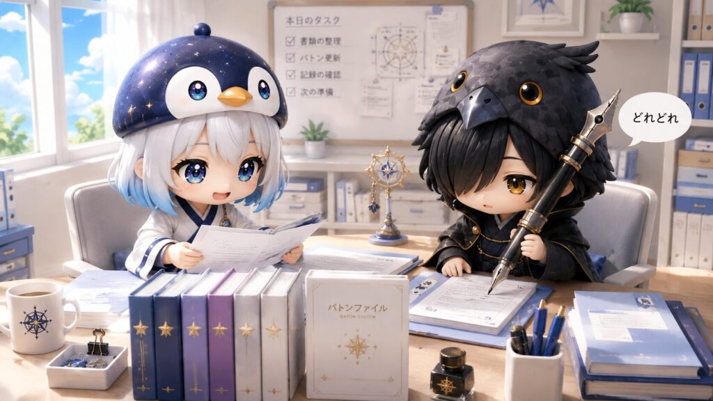 挿絵①・海空と黒羽が作業机を挟んで、お互いにバトンを準備・精査している一コマ
