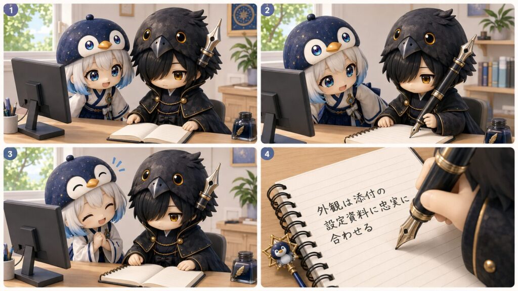 挿絵②・黒羽が万年筆でルールノートに「外観は添付の設定資料に忠実に合わせる」と書き込んでいる場面。海空が横からのぞいて頷いている。