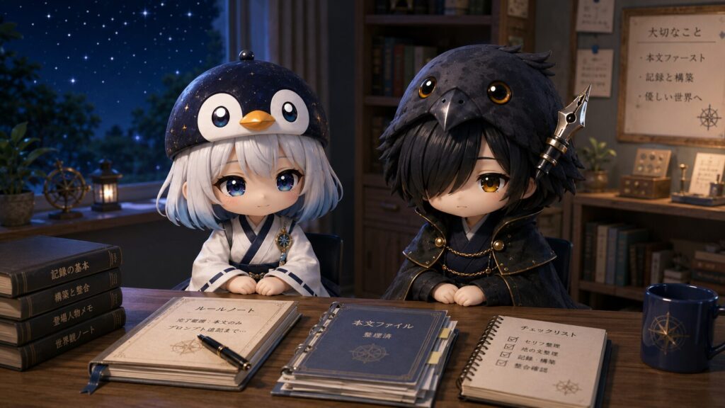 挿絵⑦・夜の静かな部屋で、海空と黒羽が作業を終えて並んで座っている場面。テーブルの上に整理されたノートとファイルが並んでいる。窓の外に初夏の夜空が広がっていて、二人の間に穏やかな余韻が漂っている。