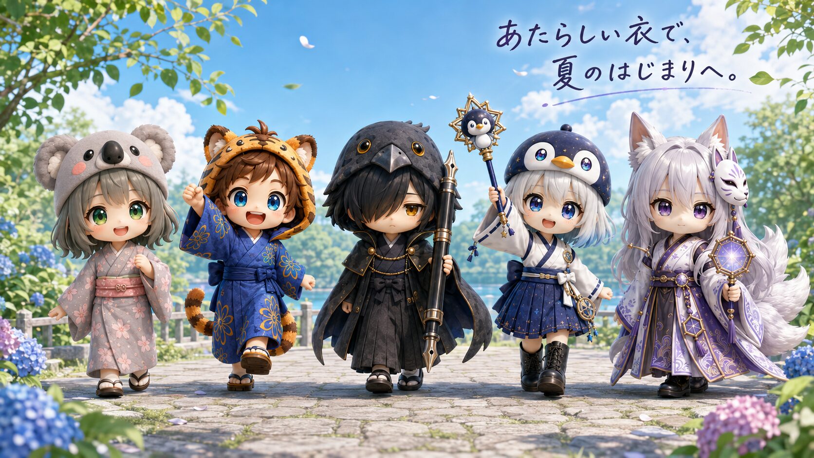 アイキャッチ（16:9）・衣替えの日、初夏のすがすがしい光の中で5人（心愛・大雅・黒羽・海空・白夜）が新しい3Dの立体感をまとって夏のはじまりへ歩き出すシーン。イラストタイトル「あたらしい衣で、夏のはじまりへ。」を右上に添える。