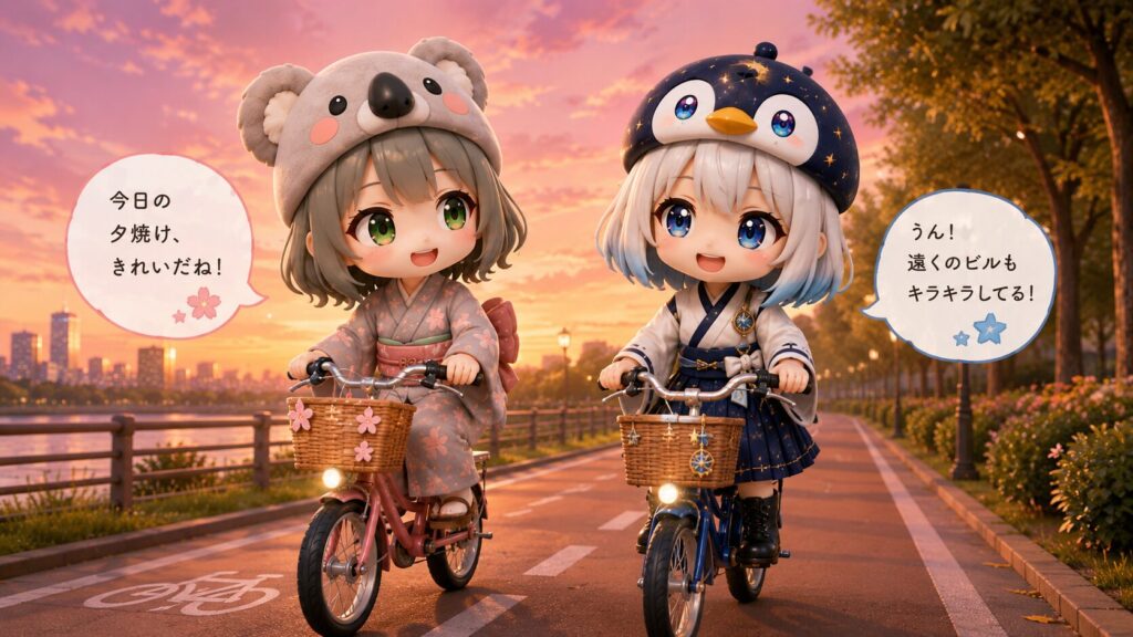 挿絵①・夕方の自転車道で、心愛と海空が並んで自転車を走らせているシーン。心愛がふわっと振り返って何か話しかけている。