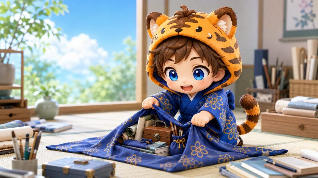 挿絵③・大きな風呂敷の中に、仕事に必要な道具をテキパキとまとめ上げている大雅。