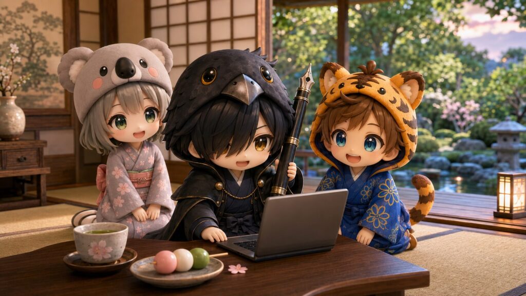 挿絵⑧・スタミナが満タンになり、元気にパソコンの前で待機している黒羽と、それを見守る心愛・大雅。縁側には三色団子。夕暮れの優しい光。