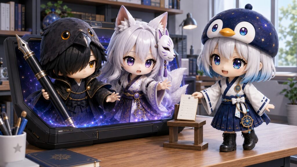 挿絵①・海空がバトンを台にそっと置くと、黒羽と白夜がターミナル画面からひょいと立ち上がってくる「自動起動」のシーン。初夏の室内・自然光。