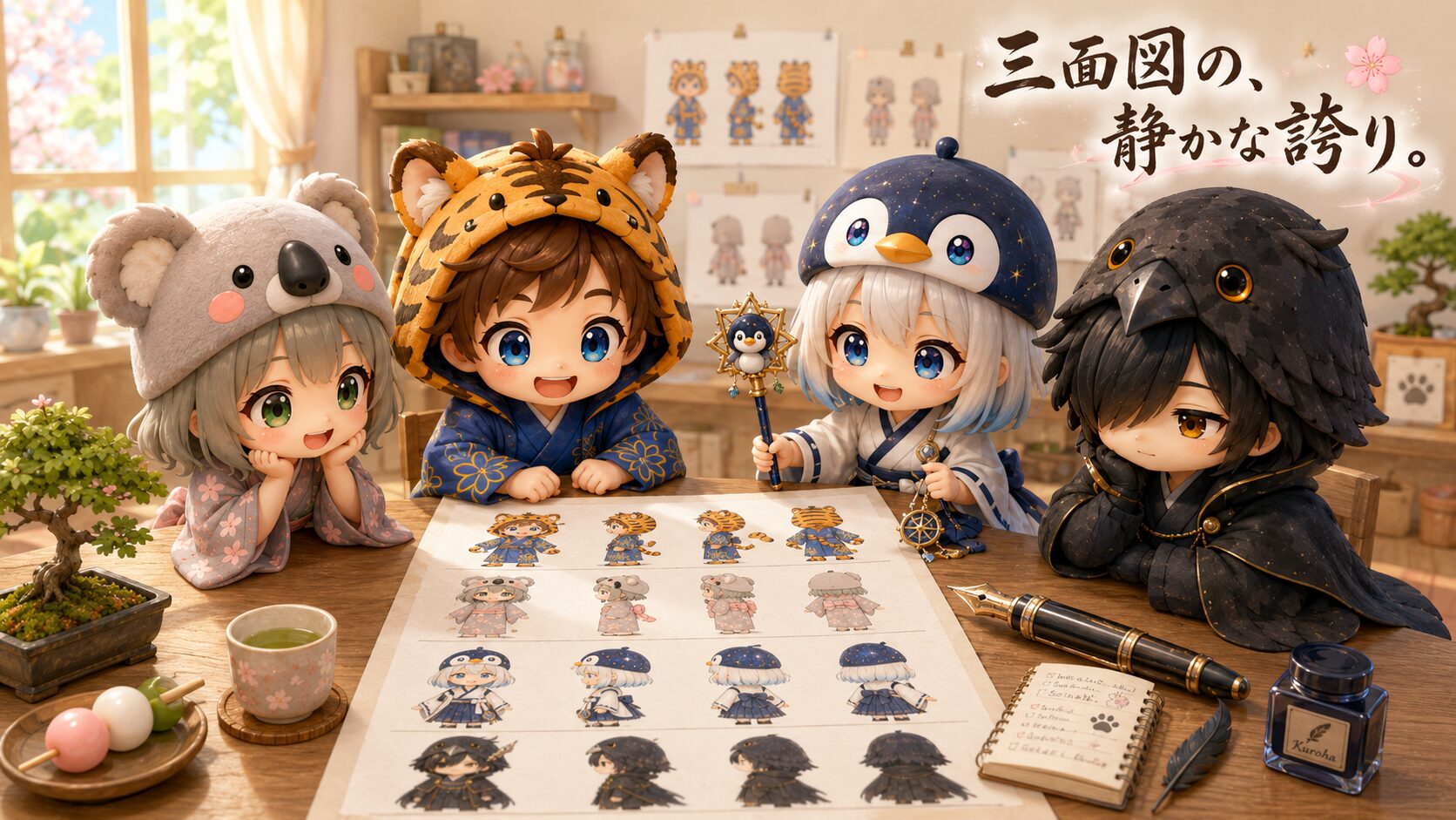 アイキャッチ・4キャラが並んで三面図を眺めている記念の一コマ