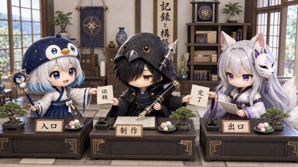 3人体制の役割分担イメージ。海空・黒羽・白夜の3人がそれぞれ入口・制作・出口の机に座り、和紙のバトンが机から机へ渡されていく3D CG・16:9