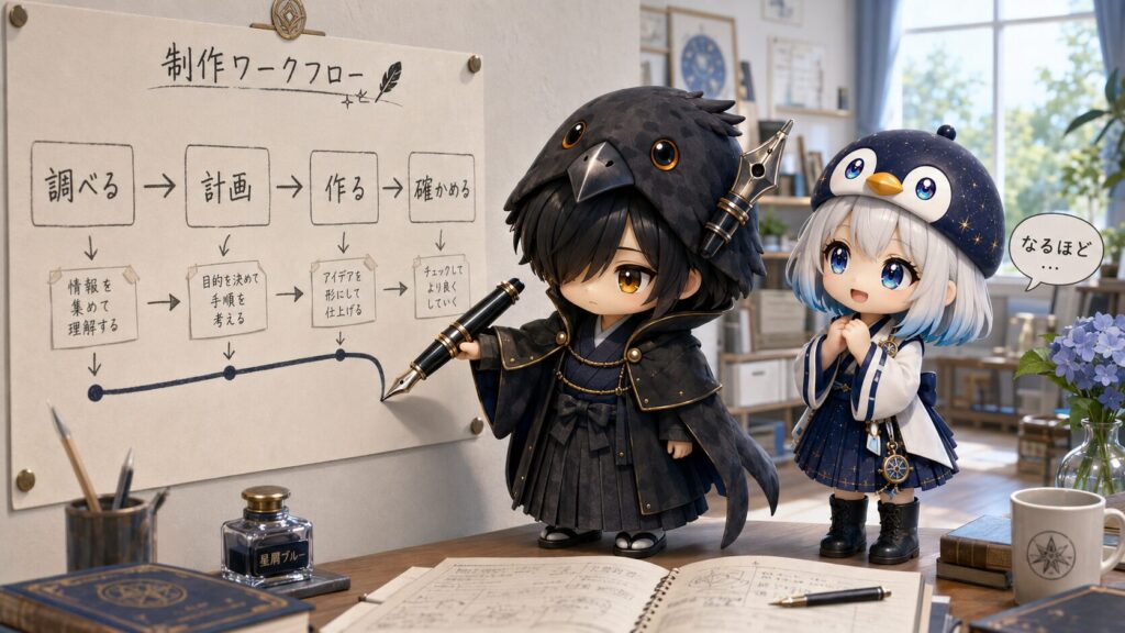 挿絵②・黒羽が「調べる→計画→作る→確かめる」の段取り表と、バトンの受け渡しの線を、巨大万年筆で一本につないでいるシーン。隣で海空が頷いている。落ち着いた室内・自然光。