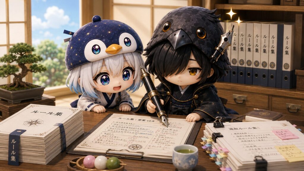 挿絵②・黒羽が巨大万年筆でルール書類にすらすら書き込み、海空がそれをのぞき込んでいる場面。ファイルが少しずつ棚に並んでいく。