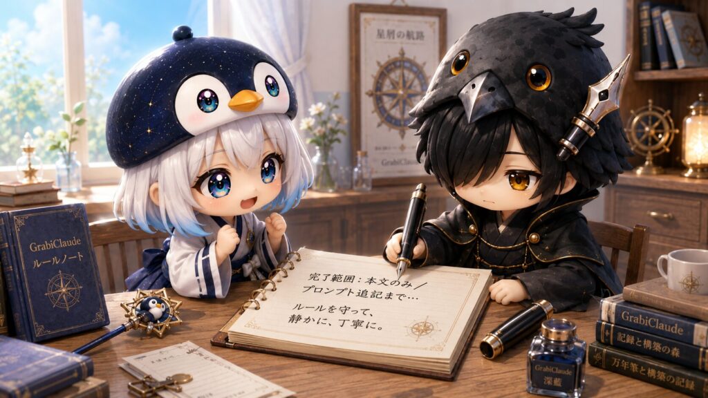 挿絵⑤・黒羽がルールノートに「完了範囲:本文のみ/プロンプト追記まで…」と書き込んでいる場面。海空が「これ、めちゃくちゃ大事なやつですっ」と言いながら隣で見ている。