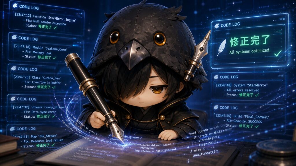 挿絵②・黒羽がターミナルにコードを修正しているシーン