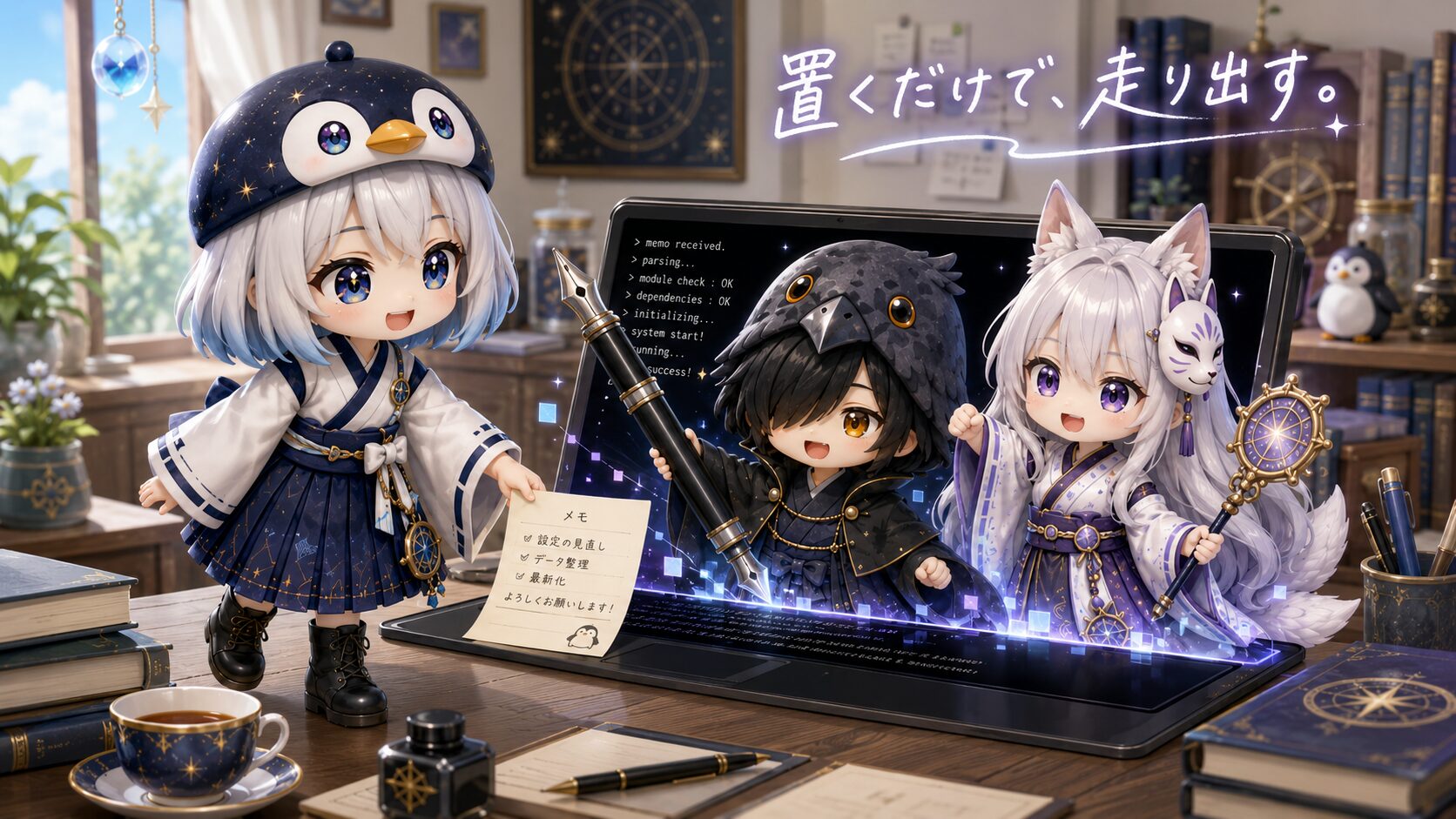 初夏の作業部屋で、海空がバトン（紙のメモ）を台にそっと置くと、黒羽と白夜がターミナルの画面からひょいと立ち上がってくる「自動起動」の様子。机の上に巨大万年筆とお茶。イラストタイトル「置くだけで、走り出す。」を右上に添える。