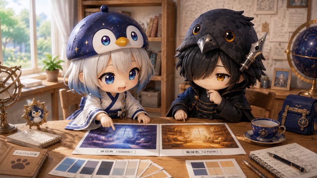 挿絵④・海空と黒羽が並んで、同じシーンの色違い2枚のイラストを見比べている。昼白色の版が「これだね」という感じで選ばれている場面。