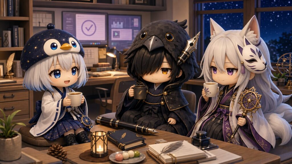 挿絵③(16:9)・一日の終わり、安定した動画とブログ公開、コメディ制作をやり終えた裏方3人(海空・黒羽・白夜)が、整った作業部屋で静かな手応えを感じているシーン。