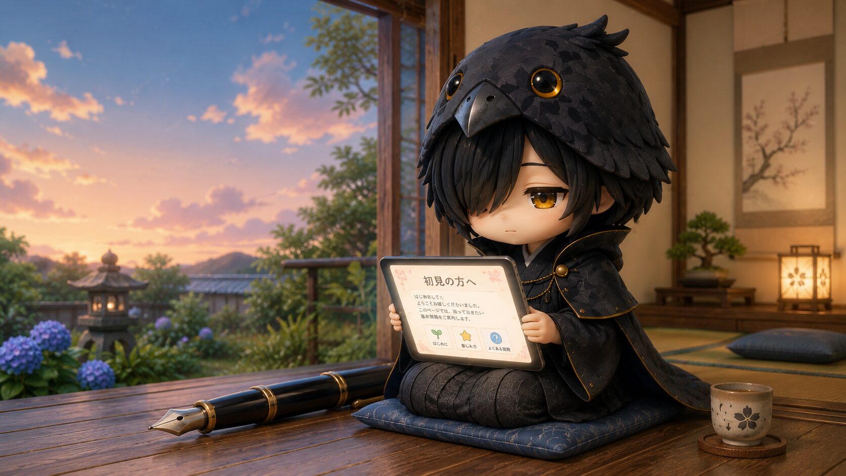 アイキャッチ・夕暮れ間近の縁側で、黒羽が巨大万年筆を傍らに置いてポータルの画面を見つめている。画面の中に「初見の読者へ」という導線が光っていて、窓の向こうには夏前の柔らかな空が広がっている。