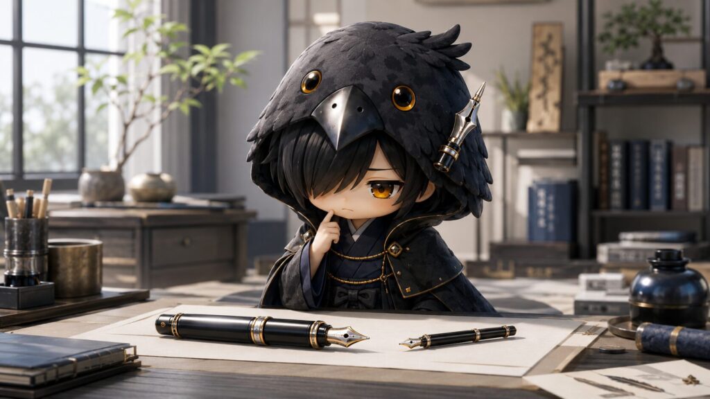 挿絵⑦・大小2本の万年筆を前に、仕事の重さに合わせてどちらを使うか選んでいる黒羽。