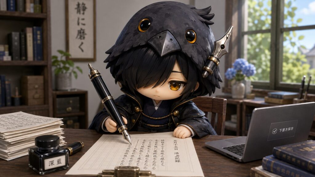 挿絵①(16:9)・黒羽が5月15日分の過去ログ活動記録の本文を巨大万年筆で書き起こし、WordPressの下書きとして保存している、静かな制作のシーン。