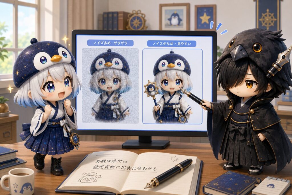 挿絵③・海空が画面に映った比較イラスト(ノイズが多い版と少ない版)を見比べている場面。黒羽が静かに横に立ち、「こっち、だね。」と指を差している。