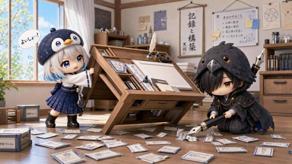 挿絵①・海空が倒れた作業机(編集台)を「よいしょ」と立て直しているシーン。床に小さな札のようなロックファイルが散らばっていて、黒羽が万年筆でそれを静かに片付けている。初夏の室内。