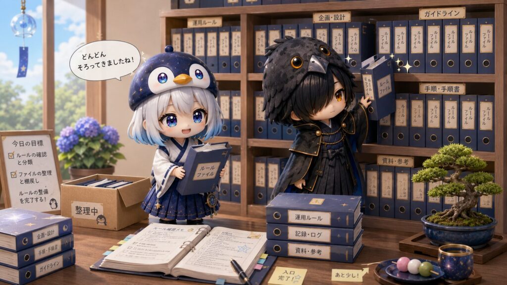 挿絵③・たくさんのルールファイルが並ぶ書棚の前で、海空と黒羽が一本ずつファイルを確認して棚に戻している場面。