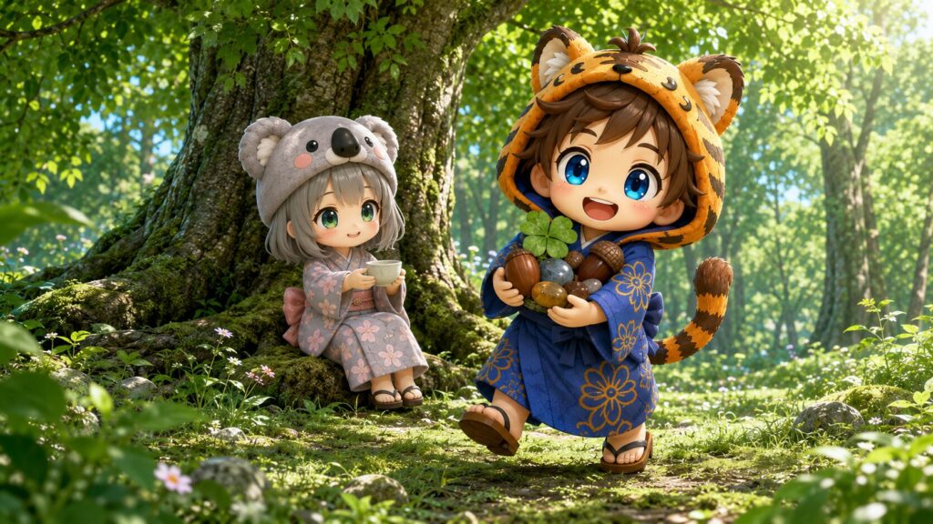挿絵③（16:9）・初夏の森の木漏れ日の下で、虎柄フードの大雅がどんぐりや小石を両手いっぱいに抱えてにっこり、その横で葉桜の巨木の根もとに座った心愛が湯呑みを両手で持って「ひとやすみしよっかー」とお茶を差し出している、イベント参加ポストのシーン。