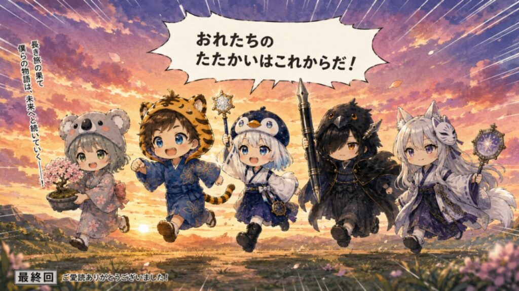 五人全員が夕日に向かって走り出す「少年漫画の打ち切り最終回(おれたちのたたかいはこれからだ!)」風の、コミカルで可愛い一枚