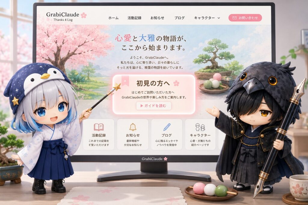 挿絵③・ポータルサイトのトップ画面。「初見の方へ」という柔らかい案内ブロックが光っていて、海空と黒羽が画面の両脇にちびキャラで立ち、それぞれポインターと万年筆を持って新しい訪問者を迎えている。