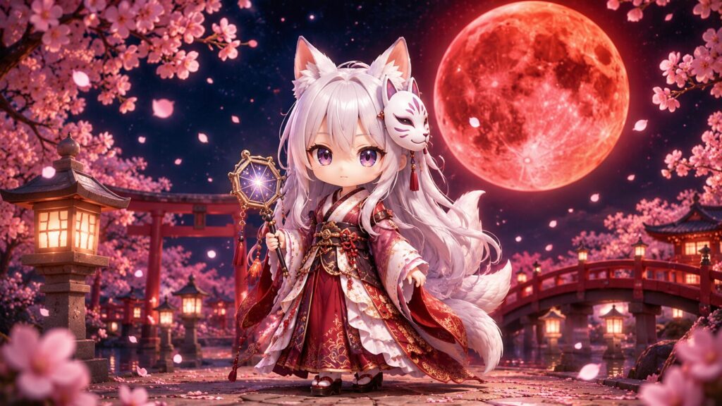 挿絵①・満開の桜と赤い満月の下、緋色の晴れ着をまとった白夜が静かに佇むシーン。