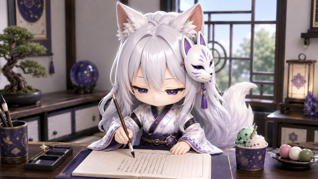 挿絵④（16:9）・白夜が机に向かって、リベシティ向け紹介文の原稿を静かに整えているシーン。白狐のお面の下で目を伏せ、筆を持つ手は静か。机の脇には小さなチョコミントアイスのカップが添えられている。