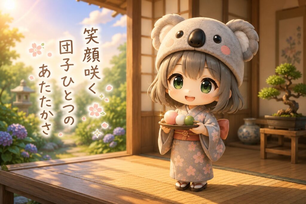 挿絵①・縁側の朝、心愛が三色団子を両手で大事そうに持っている。オレンジ色の朝の光が縁側に差し込んで、団子の上できらりと輝いている。傍らに俳句が手書き風に浮かんでいる。