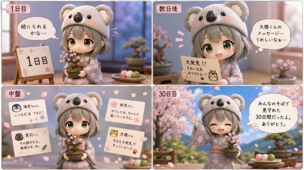 五人それぞれの一人称で、三十日間の思い出とこれからの意気込みを綴る、愛のつまった振り返り(心愛)